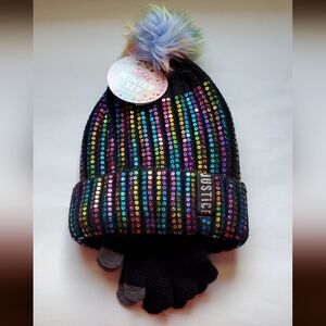 Justice Black Sequin Hat and Touch Screen Capable Gloves Set New